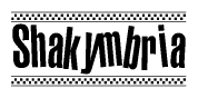 The clipart image displays the text Shakymbria in a bold, stylized font. It is enclosed in a rectangular border with a checkerboard pattern running below and above the text, similar to a finish line in racing. 