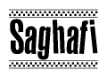 The image contains the text Saghafi in a bold, stylized font, with a checkered flag pattern bordering the top and bottom of the text.