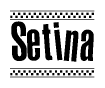 The clipart image displays the text Setina in a bold, stylized font. It is enclosed in a rectangular border with a checkerboard pattern running below and above the text, similar to a finish line in racing. 