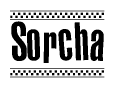 The image is a black and white clipart of the text Sorcha in a bold, italicized font. The text is bordered by a dotted line on the top and bottom, and there are checkered flags positioned at both ends of the text, usually associated with racing or finishing lines.