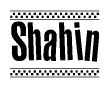 The image contains the text Shahin in a bold, stylized font, with a checkered flag pattern bordering the top and bottom of the text.