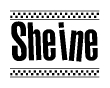 The image is a black and white clipart of the text Sheine in a bold, italicized font. The text is bordered by a dotted line on the top and bottom, and there are checkered flags positioned at both ends of the text, usually associated with racing or finishing lines.