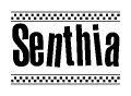 The image contains the text Senthia in a bold, stylized font, with a checkered flag pattern bordering the top and bottom of the text.