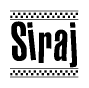 The image contains the text Siraj in a bold, stylized font, with a checkered flag pattern bordering the top and bottom of the text.