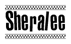 The image contains the text Sheralee in a bold, stylized font, with a checkered flag pattern bordering the top and bottom of the text.