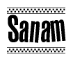 The clipart image displays the text Sanam in a bold, stylized font. It is enclosed in a rectangular border with a checkerboard pattern running below and above the text, similar to a finish line in racing. 