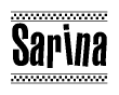 The image is a black and white clipart of the text Sarina in a bold, italicized font. The text is bordered by a dotted line on the top and bottom, and there are checkered flags positioned at both ends of the text, usually associated with racing or finishing lines.