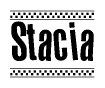The image contains the text Stacia in a bold, stylized font, with a checkered flag pattern bordering the top and bottom of the text.