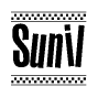 The image is a black and white clipart of the text Sunil in a bold, italicized font. The text is bordered by a dotted line on the top and bottom, and there are checkered flags positioned at both ends of the text, usually associated with racing or finishing lines.