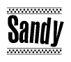 The clipart image displays the text Sandy in a bold, stylized font. It is enclosed in a rectangular border with a checkerboard pattern running below and above the text, similar to a finish line in racing. 