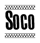 The image contains the text Soco in a bold, stylized font, with a checkered flag pattern bordering the top and bottom of the text.