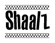 The image contains the text Shaalz in a bold, stylized font, with a checkered flag pattern bordering the top and bottom of the text.
