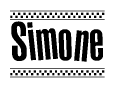 The image is a black and white clipart of the text Simone in a bold, italicized font. The text is bordered by a dotted line on the top and bottom, and there are checkered flags positioned at both ends of the text, usually associated with racing or finishing lines.
