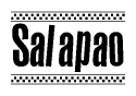 The image is a black and white clipart of the text Salapao in a bold, italicized font. The text is bordered by a dotted line on the top and bottom, and there are checkered flags positioned at both ends of the text, usually associated with racing or finishing lines.