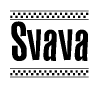 The clipart image displays the text Svava in a bold, stylized font. It is enclosed in a rectangular border with a checkerboard pattern running below and above the text, similar to a finish line in racing. 