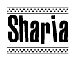 The image contains the text Sharia in a bold, stylized font, with a checkered flag pattern bordering the top and bottom of the text.