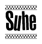 The image contains the text Suhe in a bold, stylized font, with a checkered flag pattern bordering the top and bottom of the text.