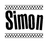 The image is a black and white clipart of the text Simon in a bold, italicized font. The text is bordered by a dotted line on the top and bottom, and there are checkered flags positioned at both ends of the text, usually associated with racing or finishing lines.