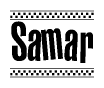 The image is a black and white clipart of the text Samar in a bold, italicized font. The text is bordered by a dotted line on the top and bottom, and there are checkered flags positioned at both ends of the text, usually associated with racing or finishing lines.