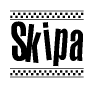 The clipart image displays the text Skipa in a bold, stylized font. It is enclosed in a rectangular border with a checkerboard pattern running below and above the text, similar to a finish line in racing. 