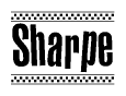 The image is a black and white clipart of the text Sharpe in a bold, italicized font. The text is bordered by a dotted line on the top and bottom, and there are checkered flags positioned at both ends of the text, usually associated with racing or finishing lines.