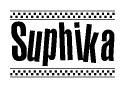 The image contains the text Suphika in a bold, stylized font, with a checkered flag pattern bordering the top and bottom of the text.