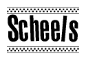 The image contains the text Scheels in a bold, stylized font, with a checkered flag pattern bordering the top and bottom of the text.