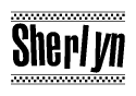 The clipart image displays the text Sherlyn in a bold, stylized font. It is enclosed in a rectangular border with a checkerboard pattern running below and above the text, similar to a finish line in racing. 
