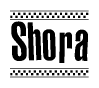 The image is a black and white clipart of the text Shora in a bold, italicized font. The text is bordered by a dotted line on the top and bottom, and there are checkered flags positioned at both ends of the text, usually associated with racing or finishing lines.
