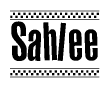 The clipart image displays the text Sahlee in a bold, stylized font. It is enclosed in a rectangular border with a checkerboard pattern running below and above the text, similar to a finish line in racing. 