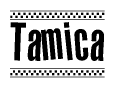 The image is a black and white clipart of the text Tamica in a bold, italicized font. The text is bordered by a dotted line on the top and bottom, and there are checkered flags positioned at both ends of the text, usually associated with racing or finishing lines.