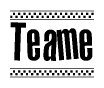 The clipart image displays the text Teame in a bold, stylized font. It is enclosed in a rectangular border with a checkerboard pattern running below and above the text, similar to a finish line in racing. 