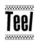 The image is a black and white clipart of the text Teel in a bold, italicized font. The text is bordered by a dotted line on the top and bottom, and there are checkered flags positioned at both ends of the text, usually associated with racing or finishing lines.