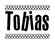 The image contains the text Tobias in a bold, stylized font, with a checkered flag pattern bordering the top and bottom of the text.