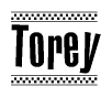   The image is a black and white clipart of the text Torey in a bold, italicized font. The text is bordered by a dotted line on the top and bottom, and there are checkered flags positioned at both ends of the text, usually associated with racing or finishing lines. 