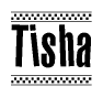 The clipart image displays the text Tisha in a bold, stylized font. It is enclosed in a rectangular border with a checkerboard pattern running below and above the text, similar to a finish line in racing. 