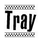 The clipart image displays the text Tray in a bold, stylized font. It is enclosed in a rectangular border with a checkerboard pattern running below and above the text, similar to a finish line in racing. 