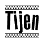 The image contains the text Tijen in a bold, stylized font, with a checkered flag pattern bordering the top and bottom of the text.