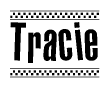 The clipart image displays the text Tracie in a bold, stylized font. It is enclosed in a rectangular border with a checkerboard pattern running below and above the text, similar to a finish line in racing. 