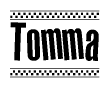 The image contains the text Tomma in a bold, stylized font, with a checkered flag pattern bordering the top and bottom of the text.
