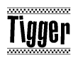 The image is a black and white clipart of the text Tigger in a bold, italicized font. The text is bordered by a dotted line on the top and bottom, and there are checkered flags positioned at both ends of the text, usually associated with racing or finishing lines.