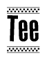 The image contains the text Tee in a bold, stylized font, with a checkered flag pattern bordering the top and bottom of the text.