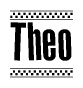 The image is a black and white clipart of the text Theo in a bold, italicized font. The text is bordered by a dotted line on the top and bottom, and there are checkered flags positioned at both ends of the text, usually associated with racing or finishing lines.