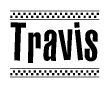 The image contains the text Travis in a bold, stylized font, with a checkered flag pattern bordering the top and bottom of the text.