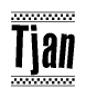 The clipart image displays the text Tjan in a bold, stylized font. It is enclosed in a rectangular border with a checkerboard pattern running below and above the text, similar to a finish line in racing. 