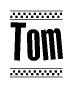 The image contains the text Tom in a bold, stylized font, with a checkered flag pattern bordering the top and bottom of the text.