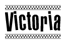 The image is a black and white clipart of the text Victoria in a bold, italicized font. The text is bordered by a dotted line on the top and bottom, and there are checkered flags positioned at both ends of the text, usually associated with racing or finishing lines.