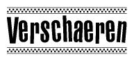 The clipart image displays the text Verschaeren in a bold, stylized font. It is enclosed in a rectangular border with a checkerboard pattern running below and above the text, similar to a finish line in racing. 