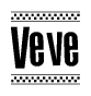 The image contains the text Veve in a bold, stylized font, with a checkered flag pattern bordering the top and bottom of the text.