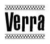 The image is a black and white clipart of the text Verra in a bold, italicized font. The text is bordered by a dotted line on the top and bottom, and there are checkered flags positioned at both ends of the text, usually associated with racing or finishing lines.